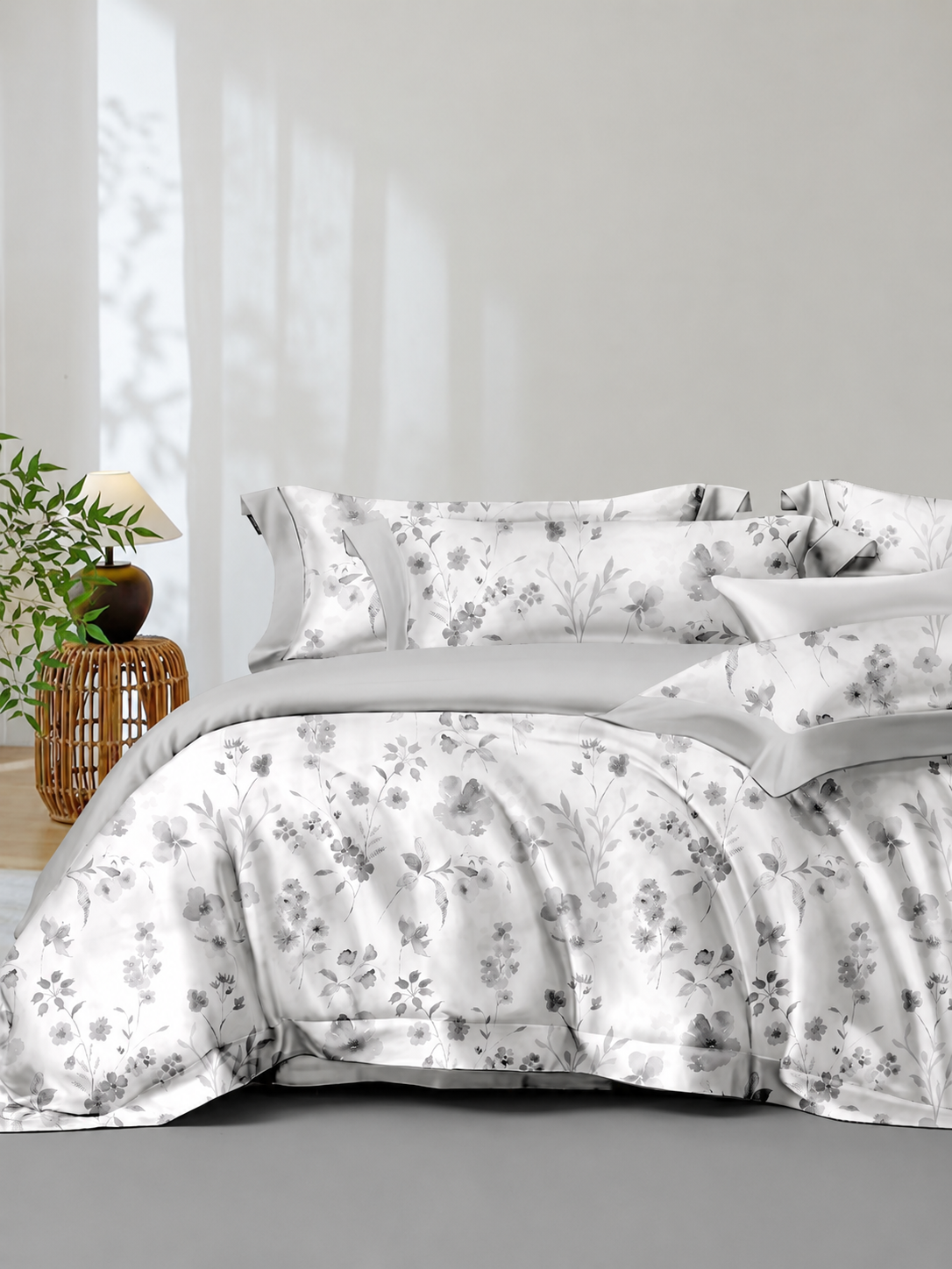 Grey floral 100% cotton bedding set