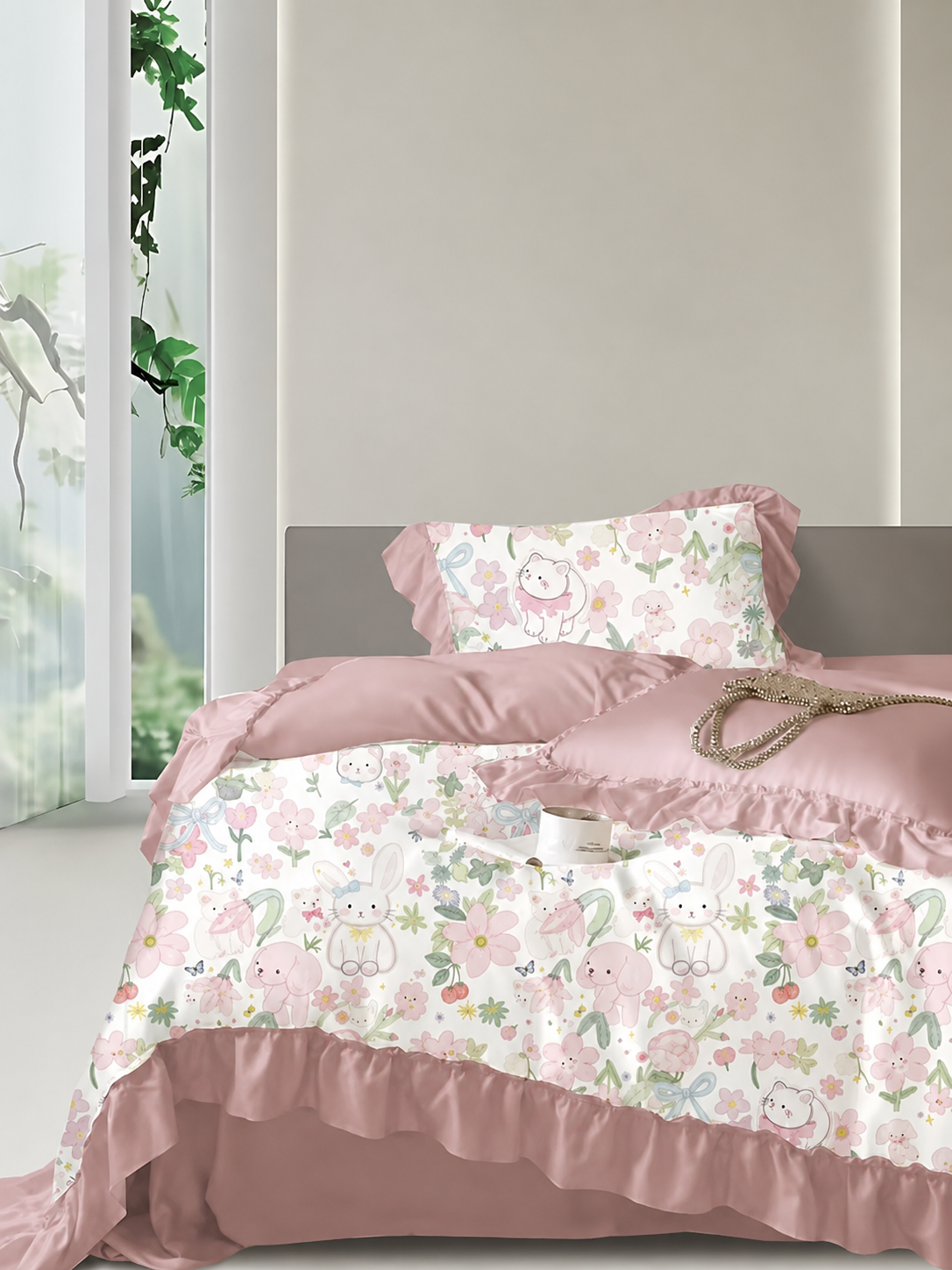Pink kids print 100% cotton bedding set