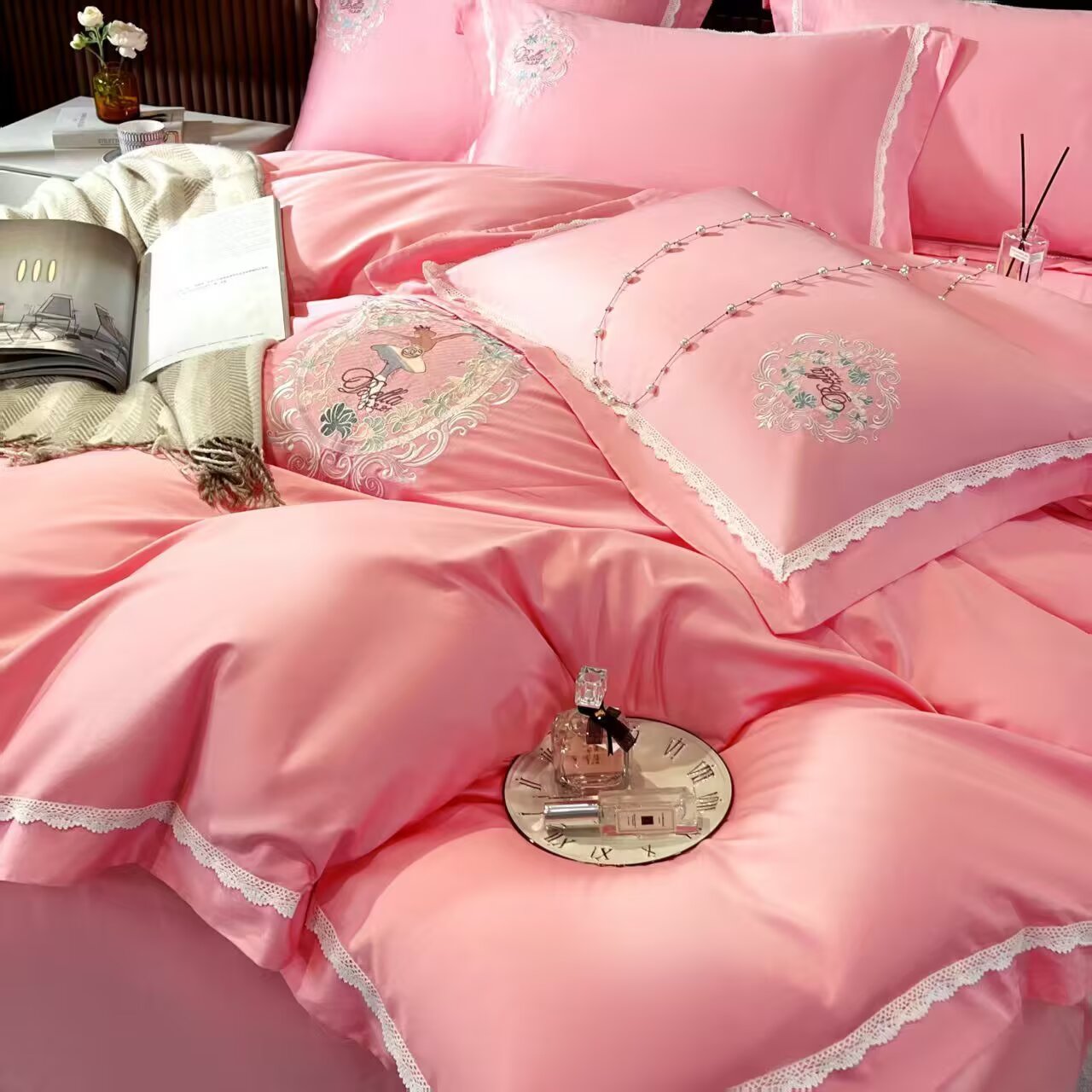 Pink satin jacquard embroidery bedding closeup