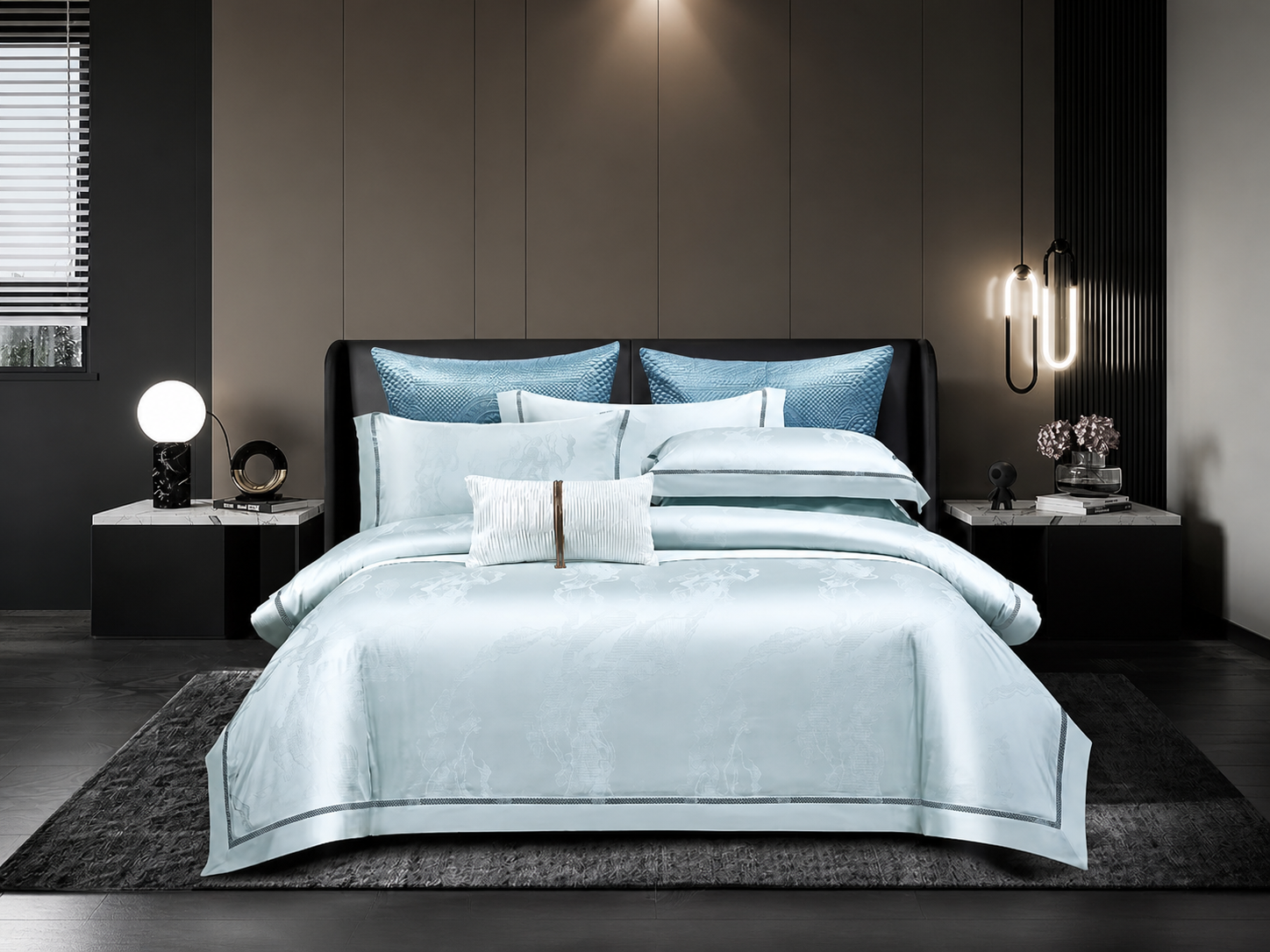 Premium long-staple cotton satin jacquard bedding set in ice blue