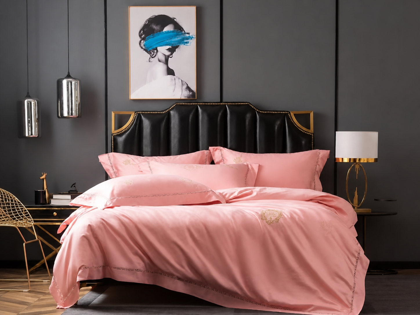 Pink long-staple cotton satin jacquard bedding set