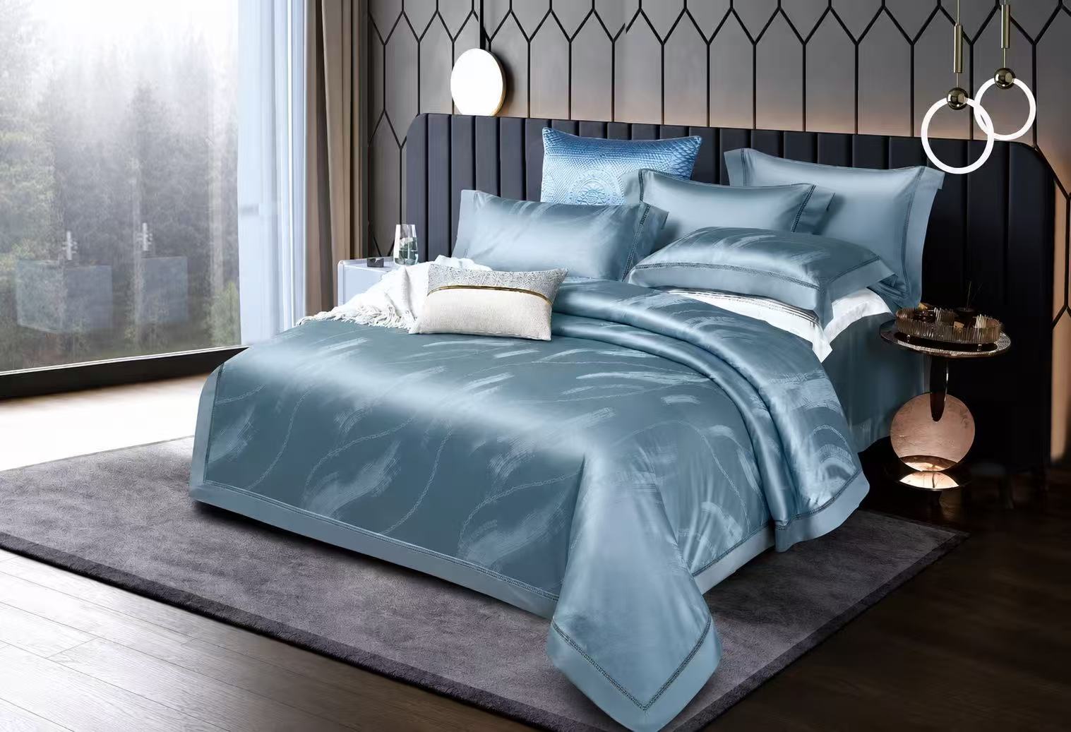 Steel blue long-staple cotton satin jacquard bedding set